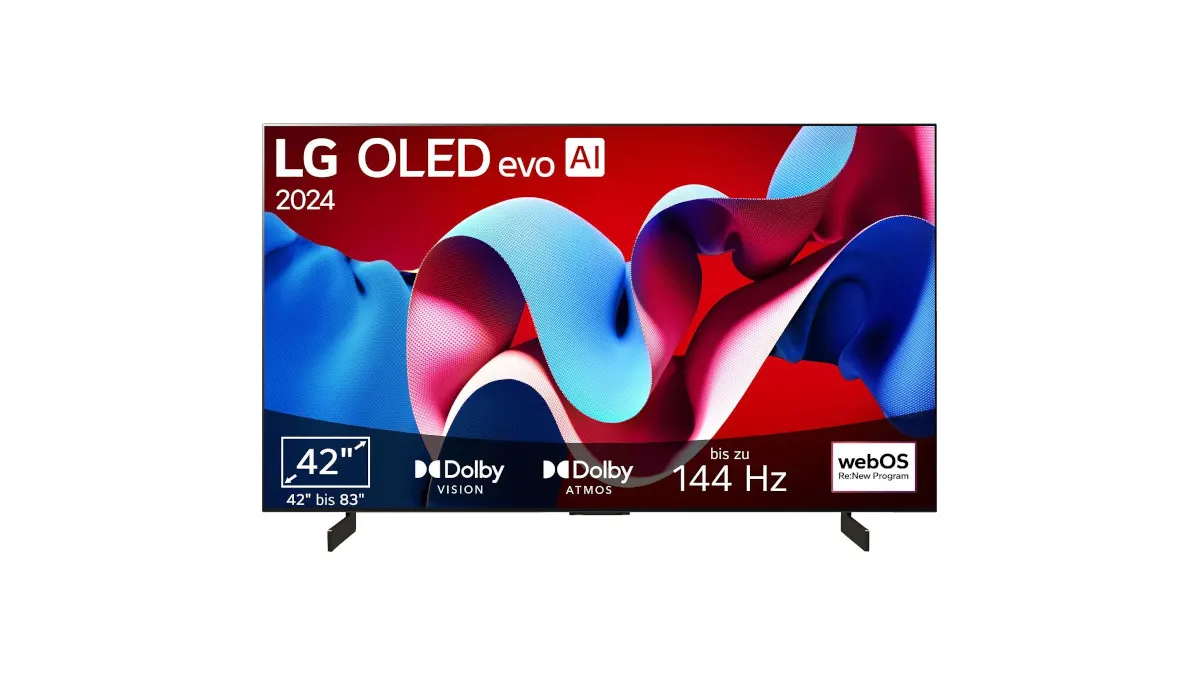 Ein LG OLED evo AI 2024 Fernseher, der 42 Zoll groß ist, mit Dolby Vision, Dolby Atmos und bis zu 144 Hz Bildwiederholfrequenz.