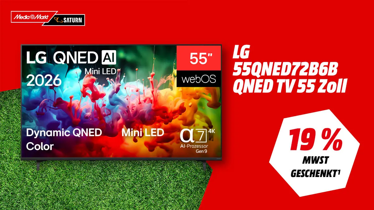 Der LG QNED-TV und Hinweis auf Mehrwertsteuer-geschenkt-Aktion bei MediaMarkt.