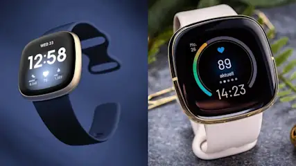 Zwei Smartwatches: Eine mit blauem Armband zeigt 12:58, die andere mit weißem Armband zeigt Herzfrequenz und 14:23 auf schwarzem Display.