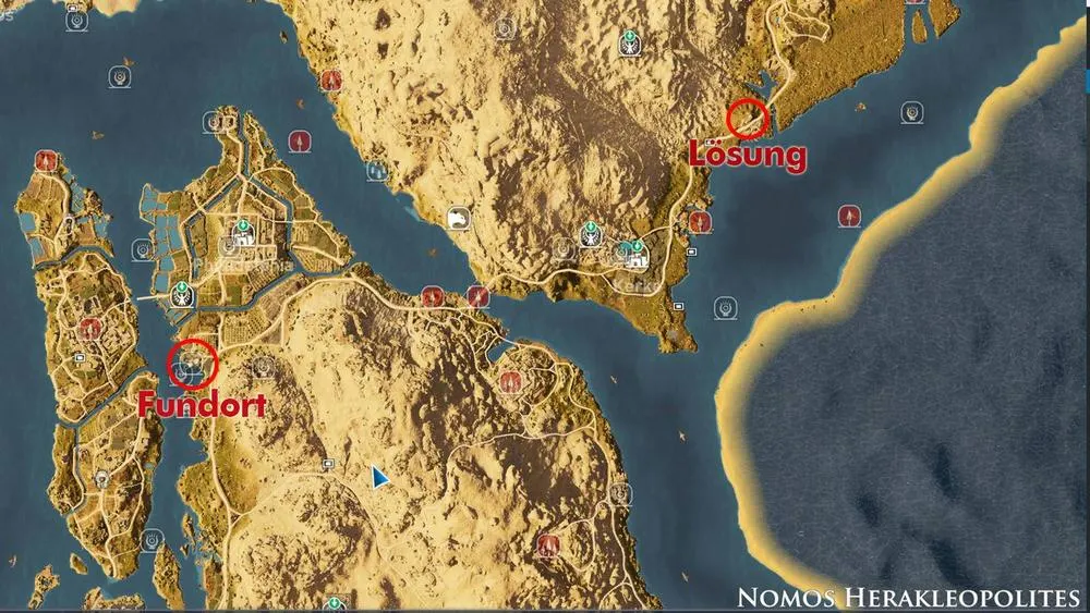 Eine Karte des Nomos Herakleopolites mit einem blauen Cursor, roter Markierung für "Fundort" und "Lösung".
