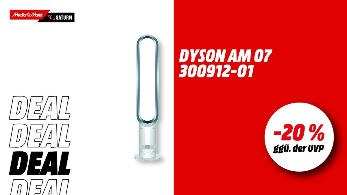 Dyson AM07 Turmventilator in Weiß/Silber, klingenloses Design, aktuell mit -20 % (ggü. der UVP) reduziert