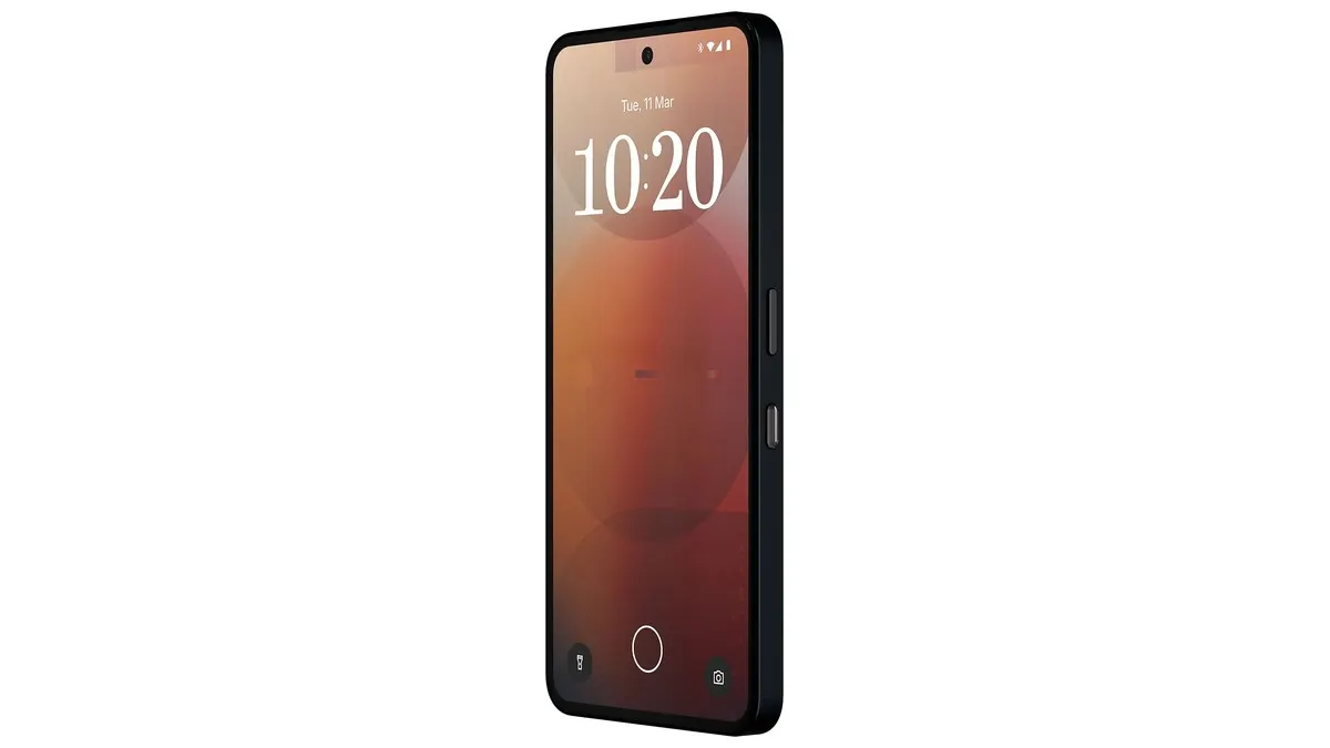 Ein schwarzes Smartphone zeigt die Uhrzeit 10:20 und das Datum Dienstag, 11. März auf einem orangefarbenen Bildschirm.