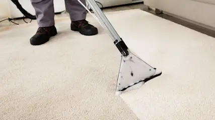 Eine Person reinigt einen Teppich mit einem Waschsauger.