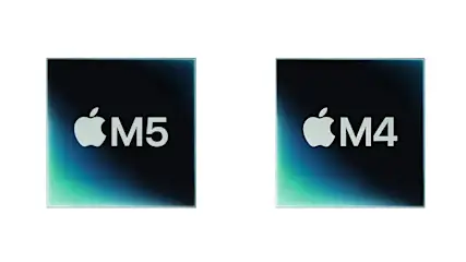 Das Apple-M5-Symbol neben dem M4-Symbol vor weißem Hintergrund.