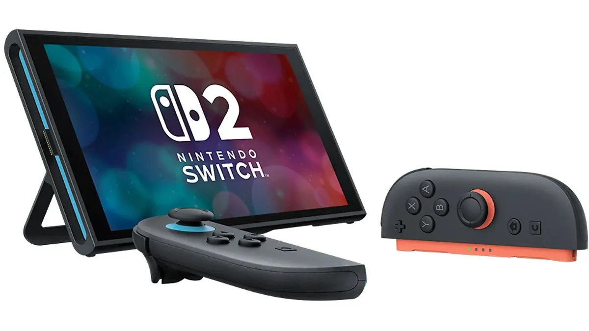 Die Nintendo Switch 2 zusammen mit zwei Joy-Cons vor weißem Hintergrund.