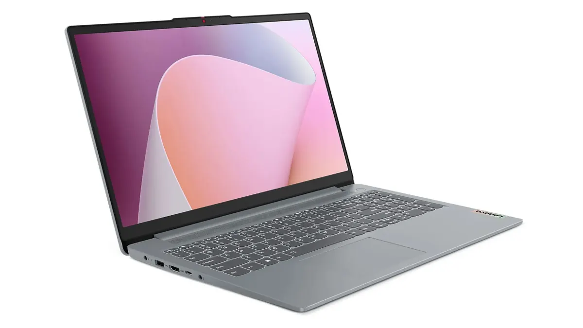 Das silberne Lenovo IdeaPad Slim 3 mit bunter Grafik auf dem Bildschirm