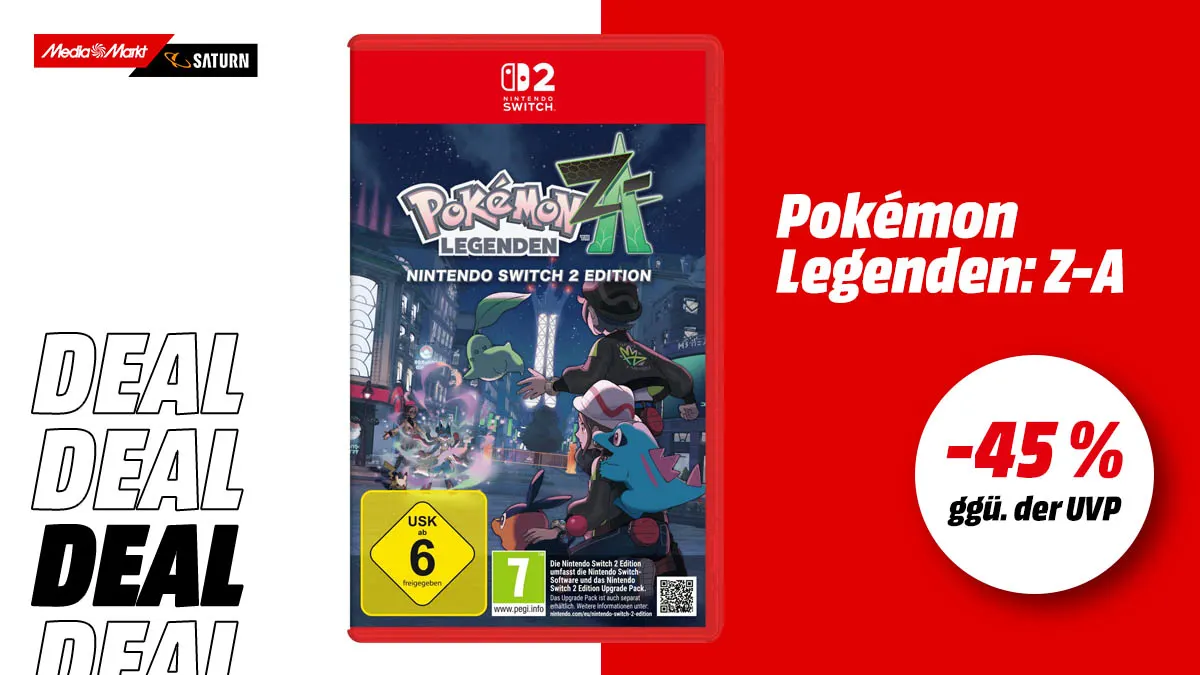 Das Nintendo-Switch-2-Spiel Pokémon Legenden: Z-A und Hinweis auf 45 Prozent Rabatt gegenüber der UVP auf weiß-rotem Hintergrund.