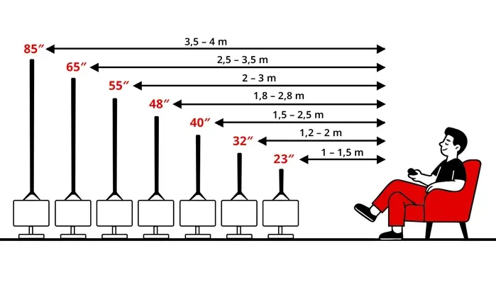 Infografik: „Finde die richtige TV-Größe für deinen Sitzabstand“. Die Übersicht zeigt, welche Bildschirmdiagonale am besten zu welcher Entfernung passt. Es werden sieben TV-Größen mit den entsprechenden Abständen zu einer im Sessel sitzenden Person dargestellt: Für einen 23-Zoll-Fernseher wird ein Sitzabstand von 1 bis 1,5 Metern empfohlen, bei 32 Zoll sind es 1,2 bis 2 Meter. Für einen 40-Zoll-Fernseher wird ein Sitzabstand von 1,5 bis 2,5 Metern empfohlen, bei 48 Zoll 1,8 bis 2,8 Meter. Für 55 Zoll sind es 2 bis 3 Meter, für 65 Zoll 2,5 bis 3,5 Meter. Die größte abgebildete Diagonale von 85 Zoll erfordert einen Abstand von 3,5 bis 4 Metern.