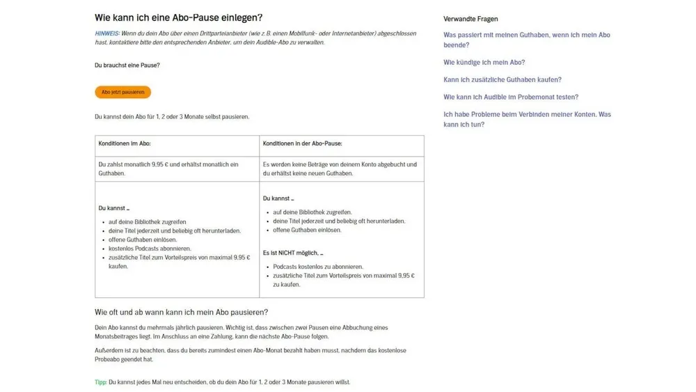 Weißer Text auf weißem Grund beschreibt Abo-Pausen. Gelbe Schaltfläche "Abo pausieren". Bedingungen für Abo- und Pausenoptionen. FAQs auf der rechten Seite.