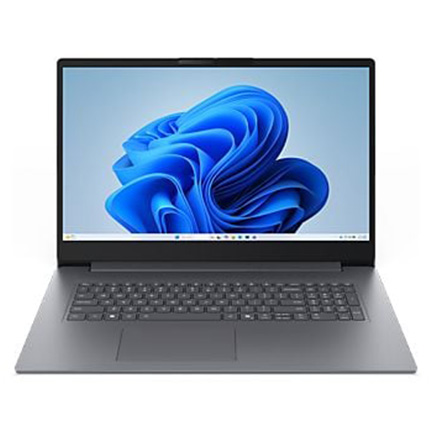 Dunkelgrauer Laptop mit großem Display, schwarzer Tastatur und blauem Windows-11-Hintergrund.