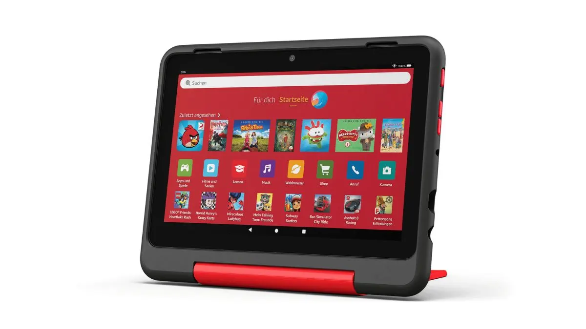 Das Kinder-Tablet Amazon Fire HD 8 Kids Pro vor weißem Hintergrund.