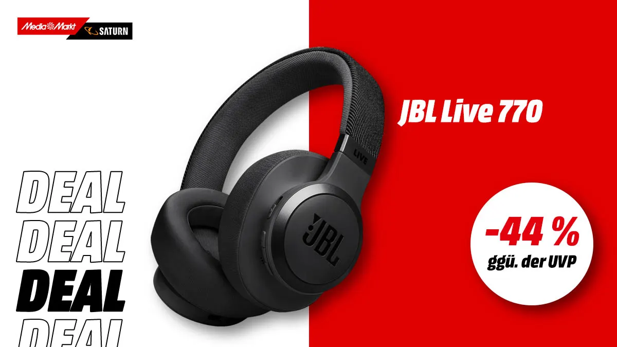 Die JBL Kopfhörer und Hinweis auf 44 Prozent Rabatt gegenüber der UVP auf weiß-rotem Hintergrund.