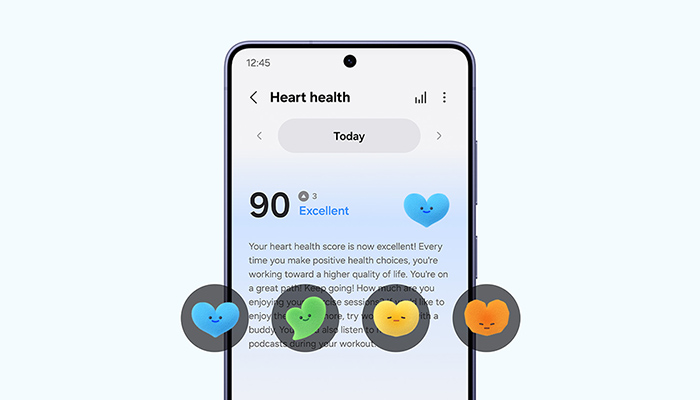 Smartphone mit Herzgesundheits-Score und Wellness-App. Farbsymbole visualisieren Gesundheits-, Schlaf- und Aktivitätsdaten.