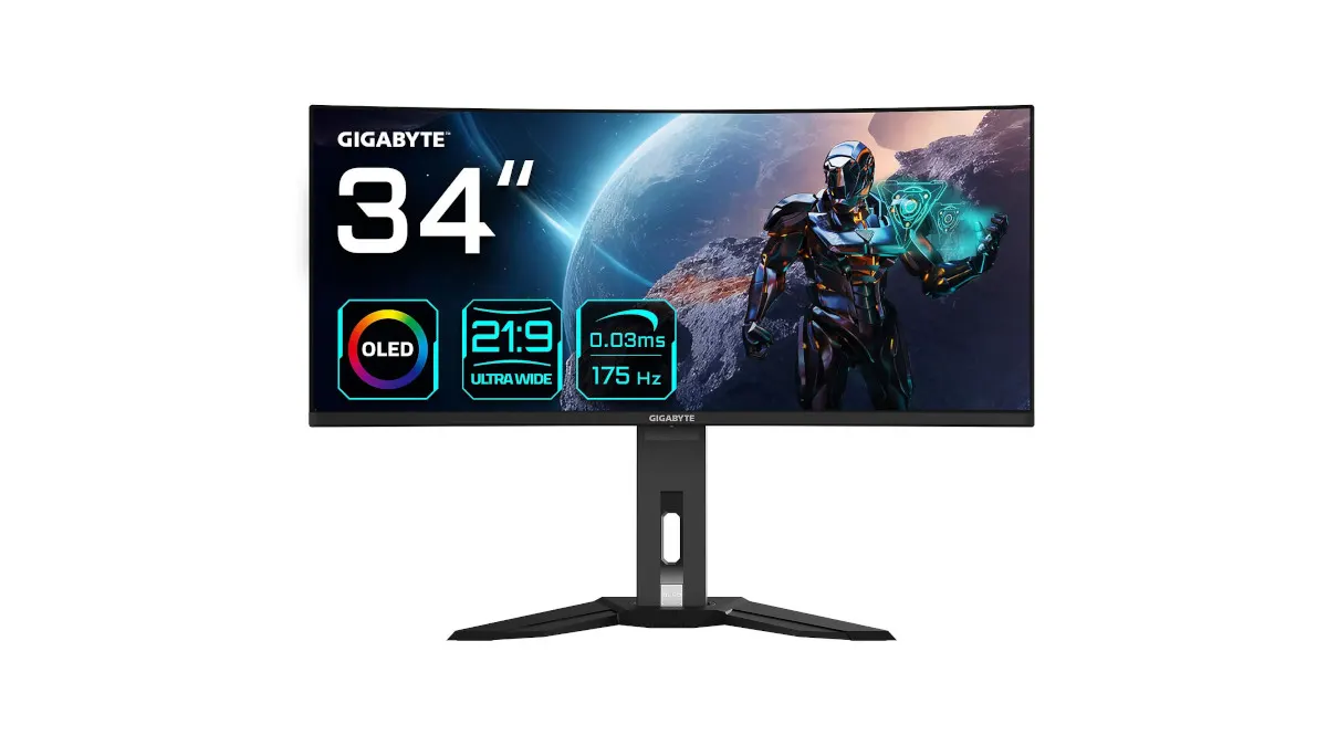 Ein schwarzer Gigabyte-Monitor mit OLED-Technologie, 34 Zoll, ultrabreitem 21:9-Format und 175 Hz Bildwiederholfrequenz steht auf einem schwarzen Ständer.