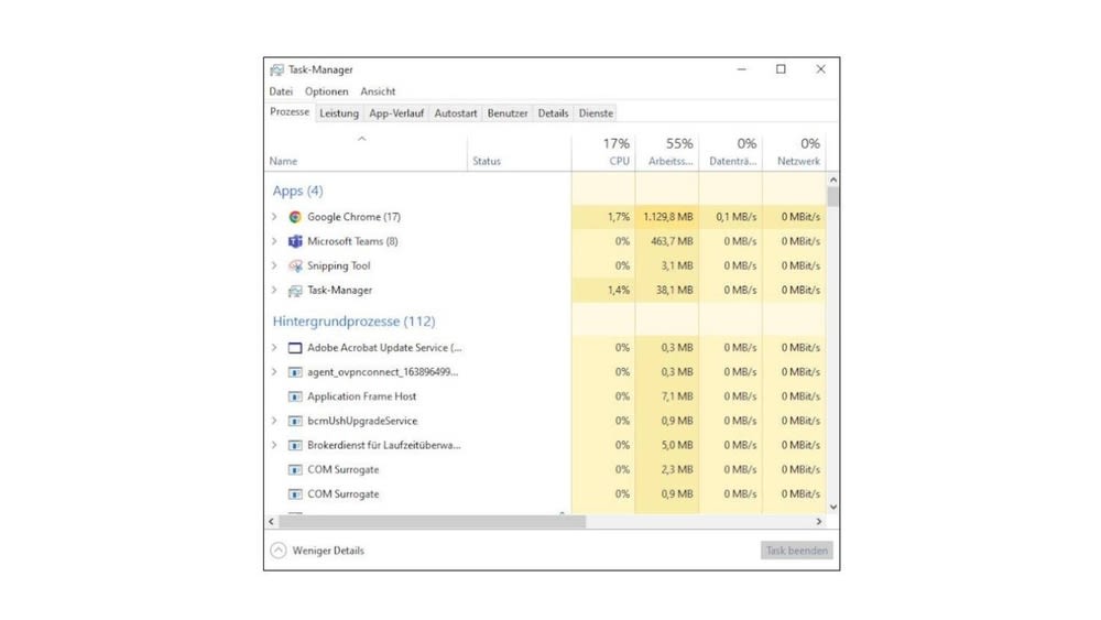 Ein Screenshot zeigt den Task-Manager von Windows.