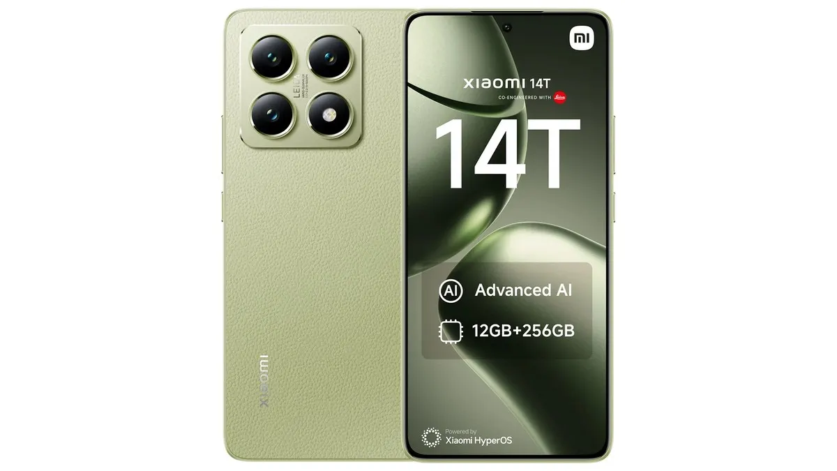 Ein hellgrünes Xiaomi 14T Smartphone mit Vierfach-Kamera ist neben einem Bildschirm mit Text und AI-Funktionen zu sehen.
