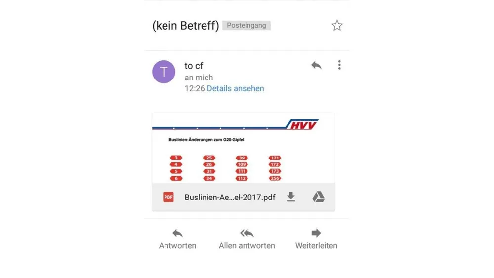 E-Mail-Ansicht mit Betreff "(kein Betreff)" und Anhang "Buslinien-Ae...el-2017.pdf", der Fahrplanänderungen zum G20-Gipfel zeigt. Schaltflächen zum Antworten und Weiterleiten.