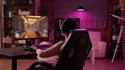 Eine Person mit Headset spielt ein Videospiel an einem Computer in einem Raum mit Bücherregal und roter Ziegelwand.