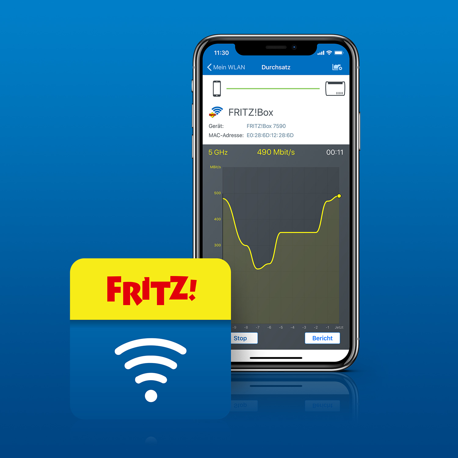 Smartphone zeigt FRITZ!Box-App mit Diagramm der Datenrate. Gelbes FRITZ!-Logo mit blauem WLAN-Symbol im Vordergrund.