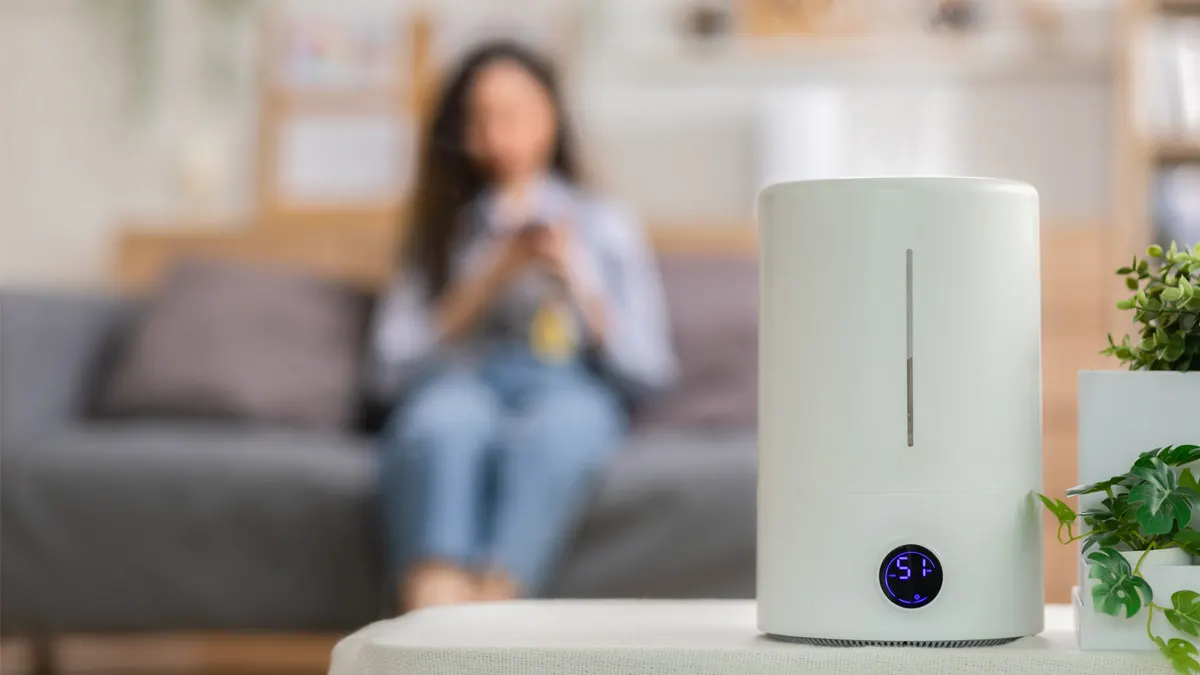 Ein Luftreiniger neben einer Pflanze auf einem Tisch. Im Hintergrund sitzt verschwommen eine Frau auf dem Sofa.