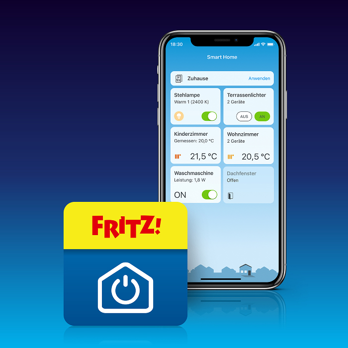 Ein Smartphone zeigt eine Smart-Home-App mit verbundenen Geräten. Daneben ein blaues Quadrat mit gelbem FRITZ!-Logo.