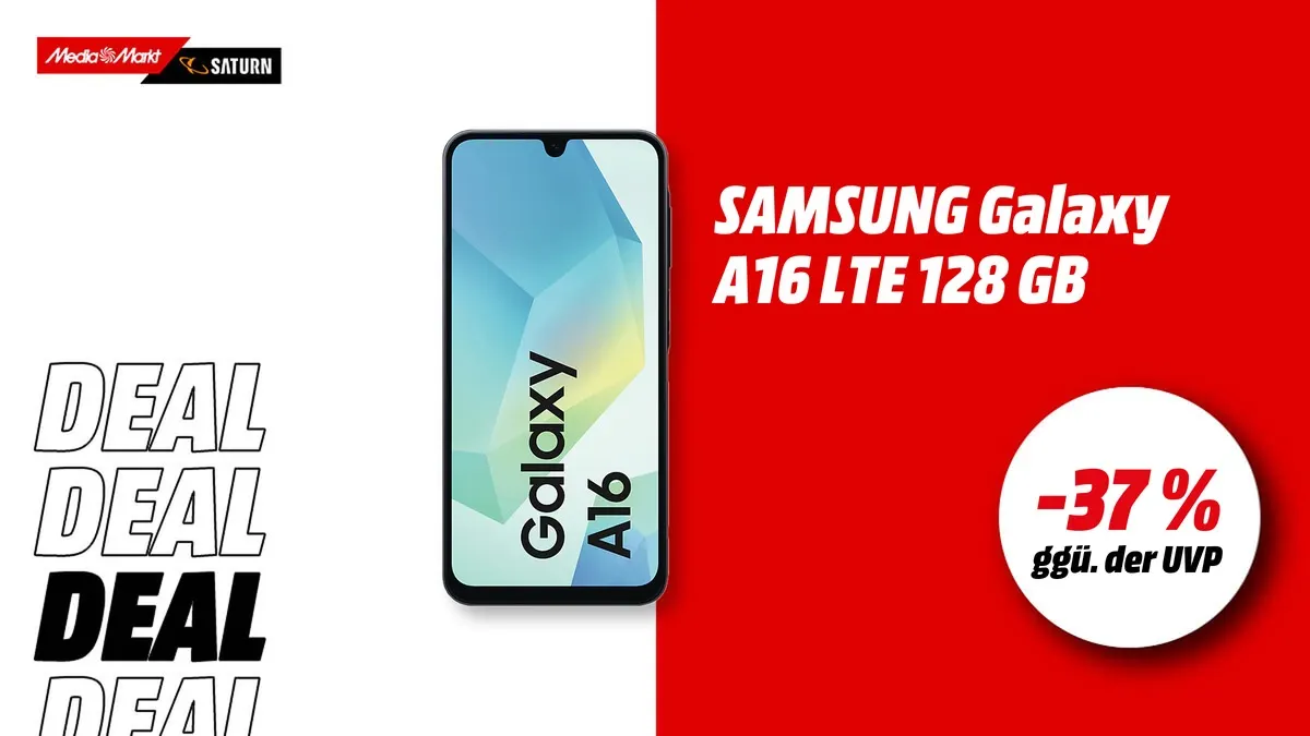 Das Samsung Galaxy A16 Smartphone und Hinweis auf 37 Prozent Rabatt ggü. der UVP.
