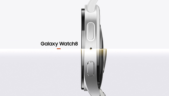 Nahaufnahme des Seitenprofils der weißen Galaxy Watch8.