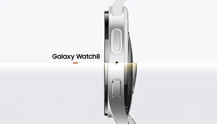 SAMSUNG Galaxy Watch 8 40 mm Smartwatch Kautschuk, 130-180 mm, Graphite Nahaufnahme des Seitenprofils der weißen Galaxy Watch8.