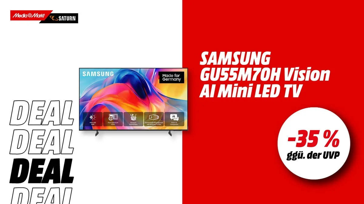 Samsung GU55M70H Mini LED TV, 55 Zoll, 4K UHD Smart TV mit Vision AI, aktuell mit -35 % (ggü. der UVP) Rabatt