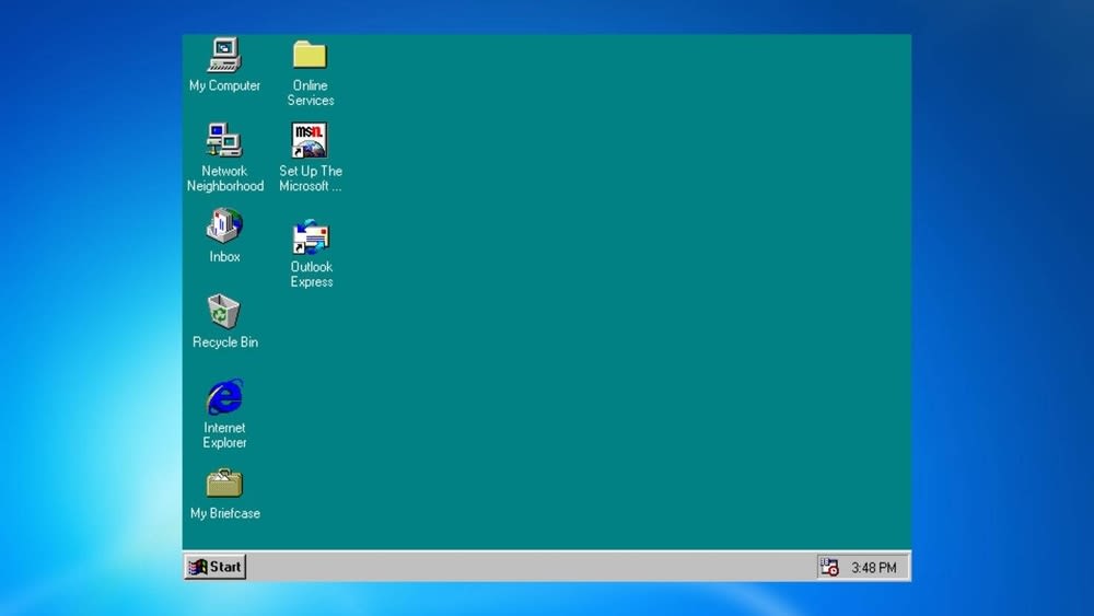 Es ist die Desktop-Oberfläche von Windows 95 zu sehen.