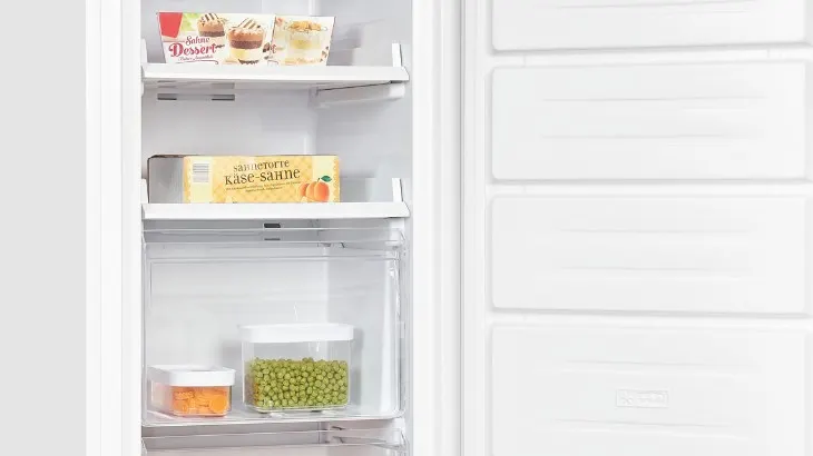 Ein Kühlschrank mit Regalen enthält Desserts, Käsesahnetorte, orangefarbene und grüne Lebensmittel in Behältern.