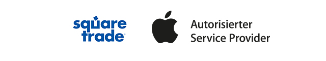 Quadratischer Handel, Apple-Logo und Text "Autorisierter Service Provider" auf weißem Hintergrund.