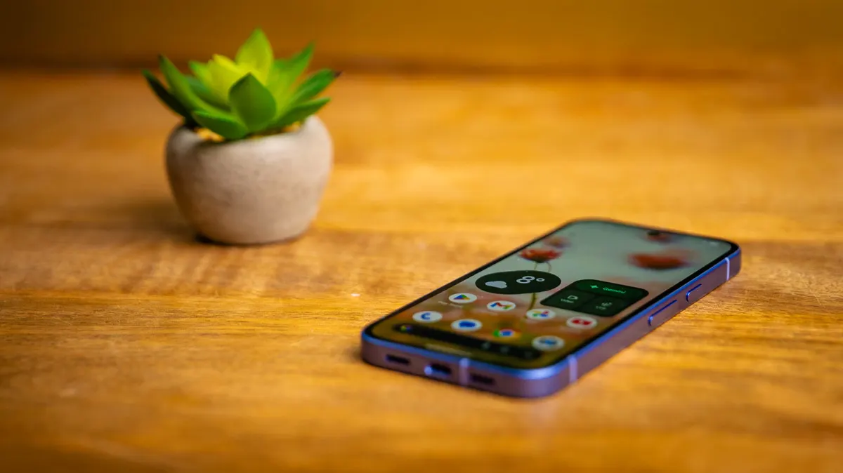 Das Pixel 10a liegt mit eingeschaltetem Display auf einem Holztisch.