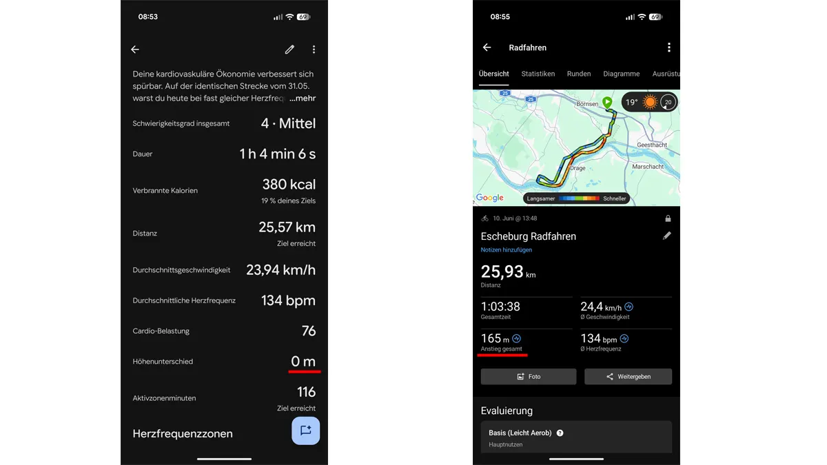 Zwei Screenshots zeigen die Daten einer Radtour – links: Google Health, rechts: Garmin Connect.