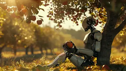 Ein Roboter lehnt an einem Baum voller roter Äpfel und hält einen Apfel in seinen Händen, mit Bäumen im Hintergrund.