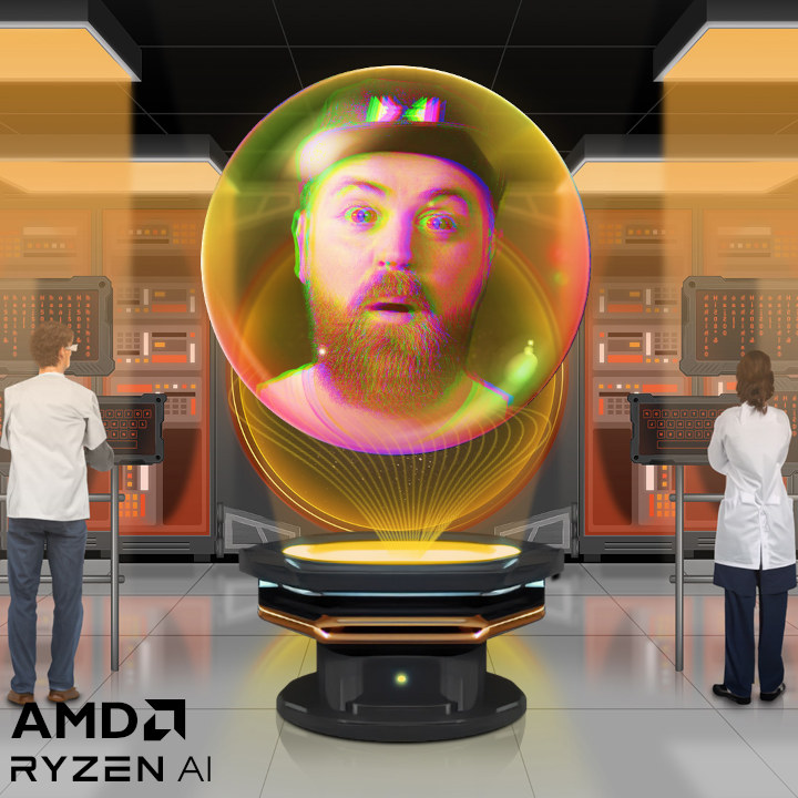 Ein Mann in einer Kugel über einer Plattform, umgeben von zwei Personen vor Computern in einem Labor. AMD Ryzen AI-Logo unten.