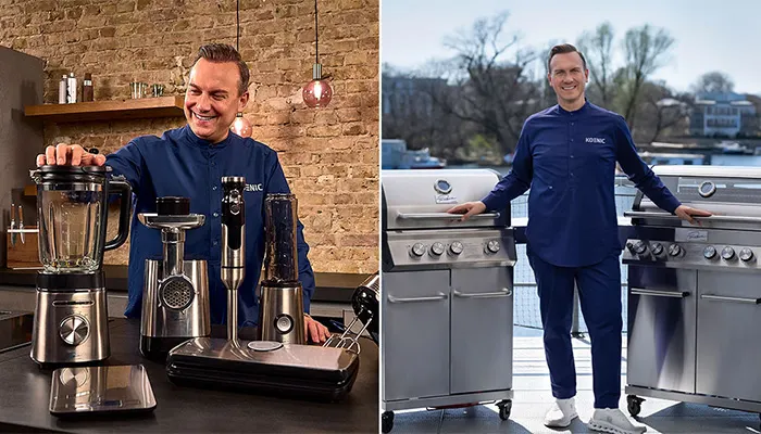 Starkoch Tim Raue präsentiert diverse Küchenkleingeräte und zwei Gasgrills aus Tim Raue Edition von KOENIC.