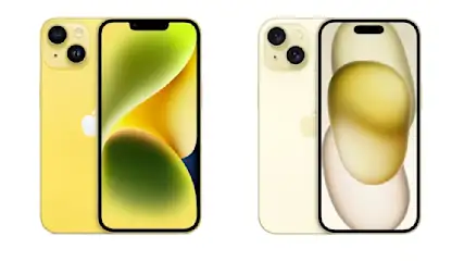 Zwei Smartphones stehen nebeneinander: Eins ist gelb, das andere hellgelb. Beide haben eine Dual-Kamera und ein Display.