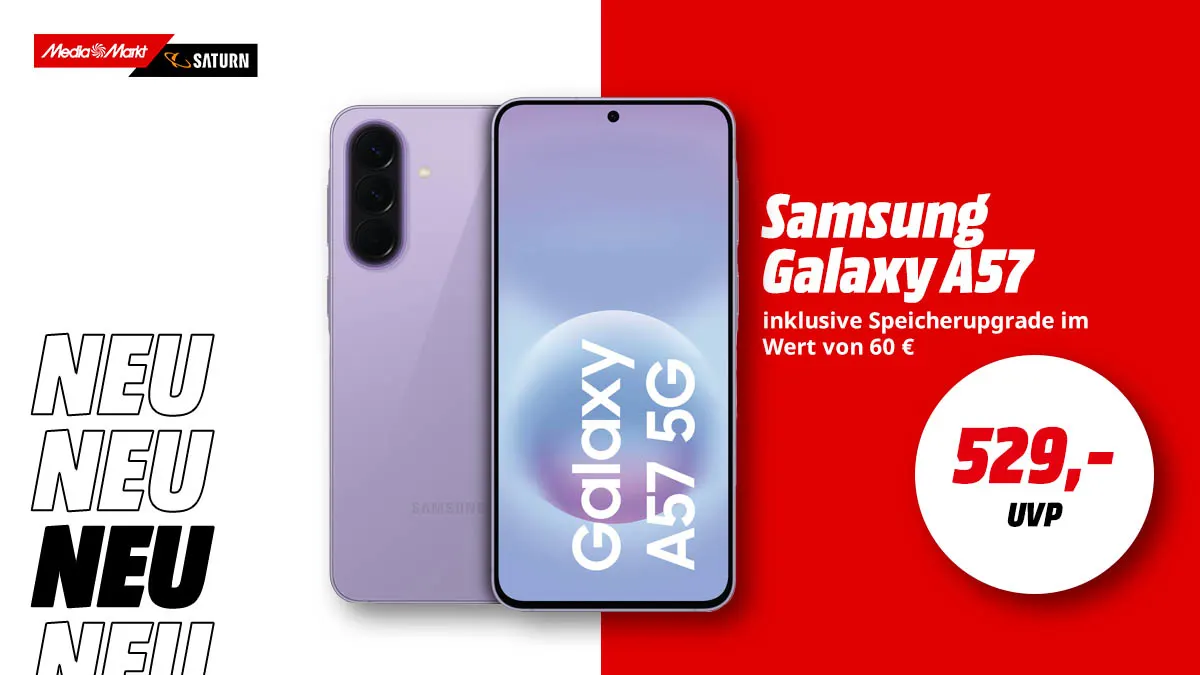 Das Samsung Galaxy A57 Smartphone und Hinweis auf kostenlosen Speicherupgrade.