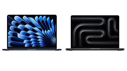 Zwei geöffnete Laptops nebeneinander. Der linke Bildschirm zeigt ein blaues Fächermuster, der rechte ein schwarzes, kurvenförmiges Muster.