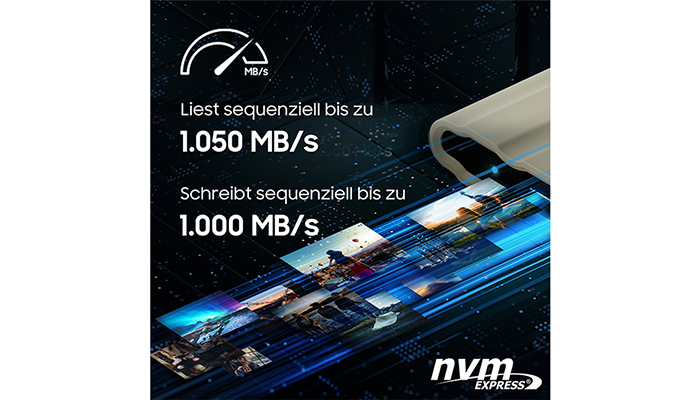 Anzeige mit einer weißen rechteckigen Form und Text. Die Lesegeschwindigkeit beträgt bis zu 1.050 MB/s, die Schreibgeschwindigkeit bis zu 1.000 MB/s.