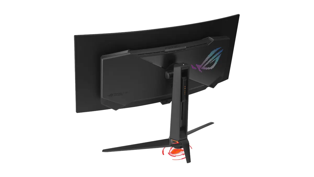 Die Rückseite des Asus ROG Swift OLED PG34WCDN mit beleuchtetem Logo als Projektion an der Ständer-Unterseite und als farbige LEDs auf der Rückseite.