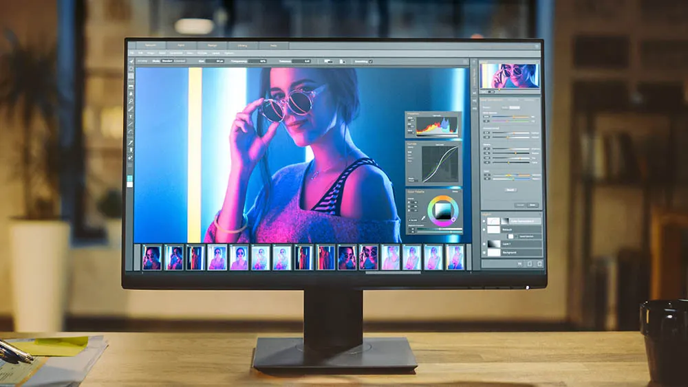 Ein Computermonitor zeigt eine Frau mit Sonnenbrille in einer Bearbeitungssoftware. Unterhalb sind Miniaturansichten und rechts Werkzeugleisten sichtbar.