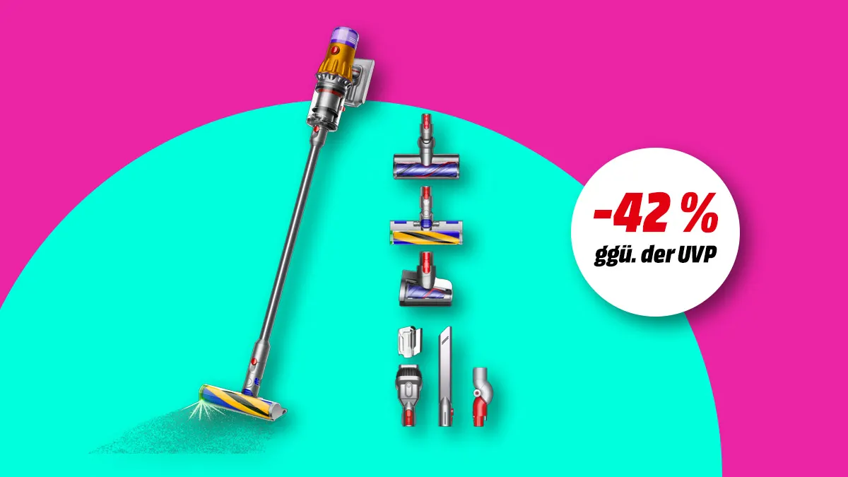 Dyson V12 Detect Slim Absolute, Hinweis auf 42 Prozent Rabatt gegenüber UVP auf buntem Hintergrund. 