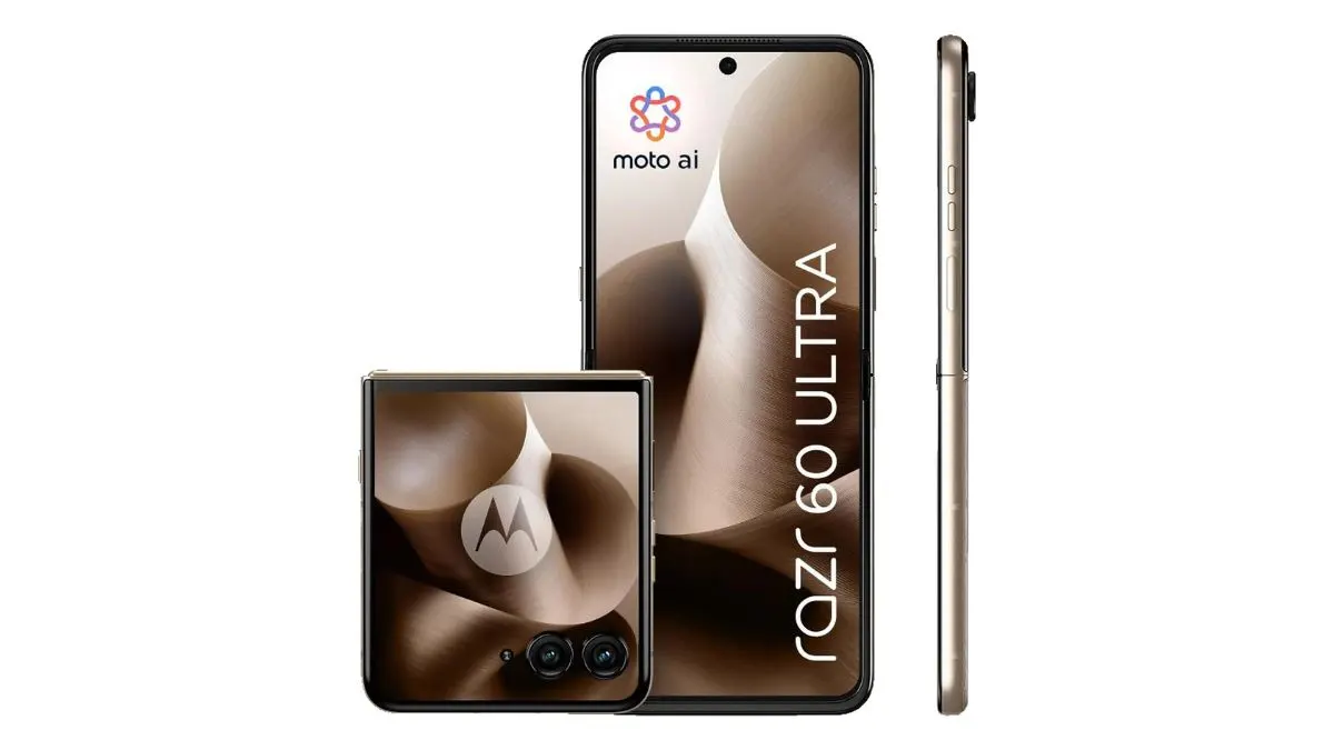 Das Klapphandy Motorola razr60 Ultra aus verschiedenen Perspektiven vor weißem Hintergrund.