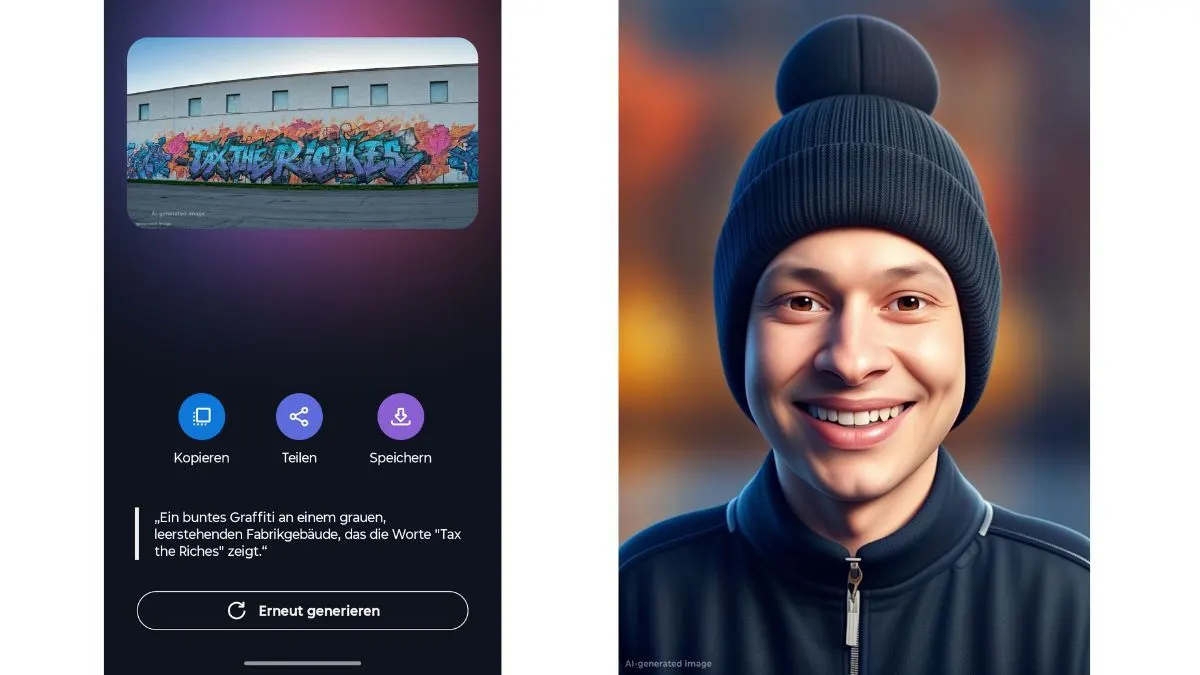Eine Collage zeigt einen Screenshot aus der Motorola KI-App Image Studio mit einem KI-generierten Bild eines Graffitis samt dem Textprompt, aus dem das Bild erstellt wurde. Das zweite Bild zeigt Alex als KI-Avatar und wurde ebenfalls mit Image Studio erstellt.