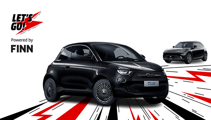 Zwei schwarze Autos auf weißem Grund, mit roten und schwarzen Linien darunter. "LET'S GO!" und "Powered by FINN" im Hintergrund.