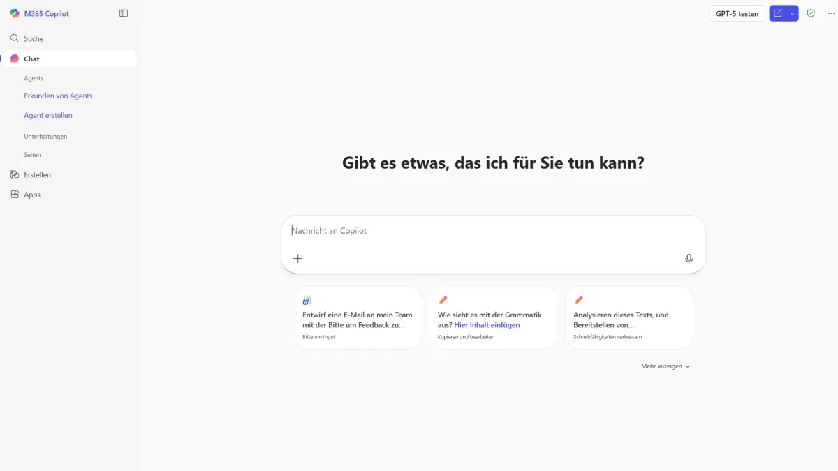 Die Startseite des Microsoft 365 Copilot mit der Seitenleiste.