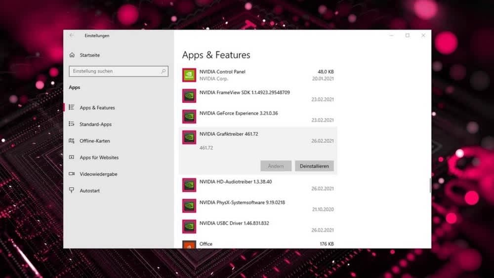 Apps & Features in Windows 10 mit Programm zum Deinstallieren