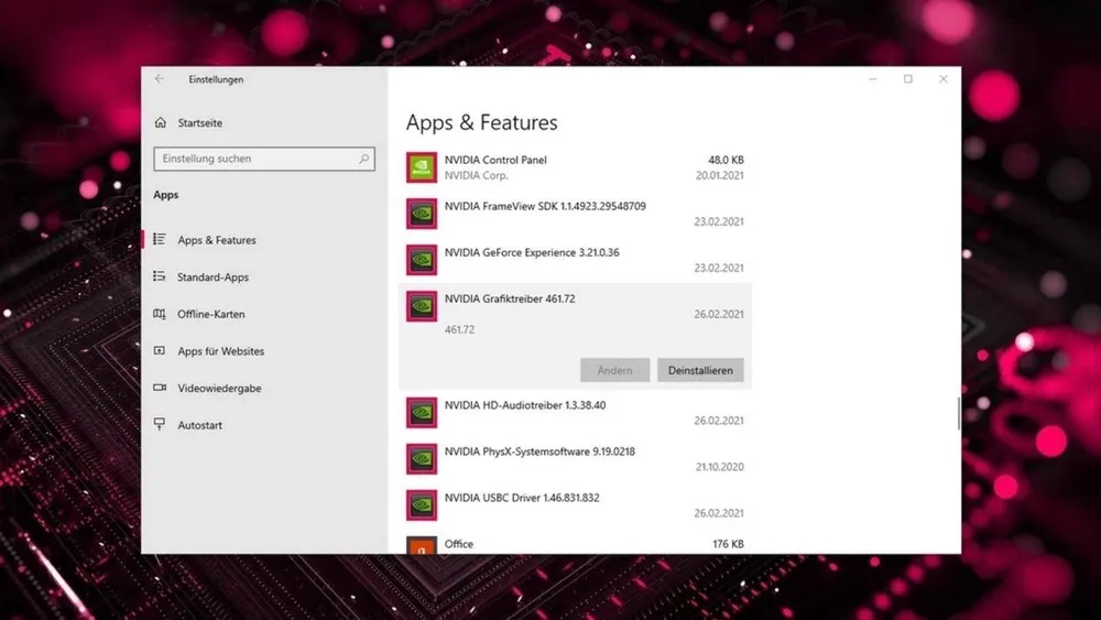 Fenster "Apps & Features" in Windows-Einstellungen. Liste von NVIDIA-Software mit Größen und Installationsdaten. Schaltfläche zum Deinstallieren.